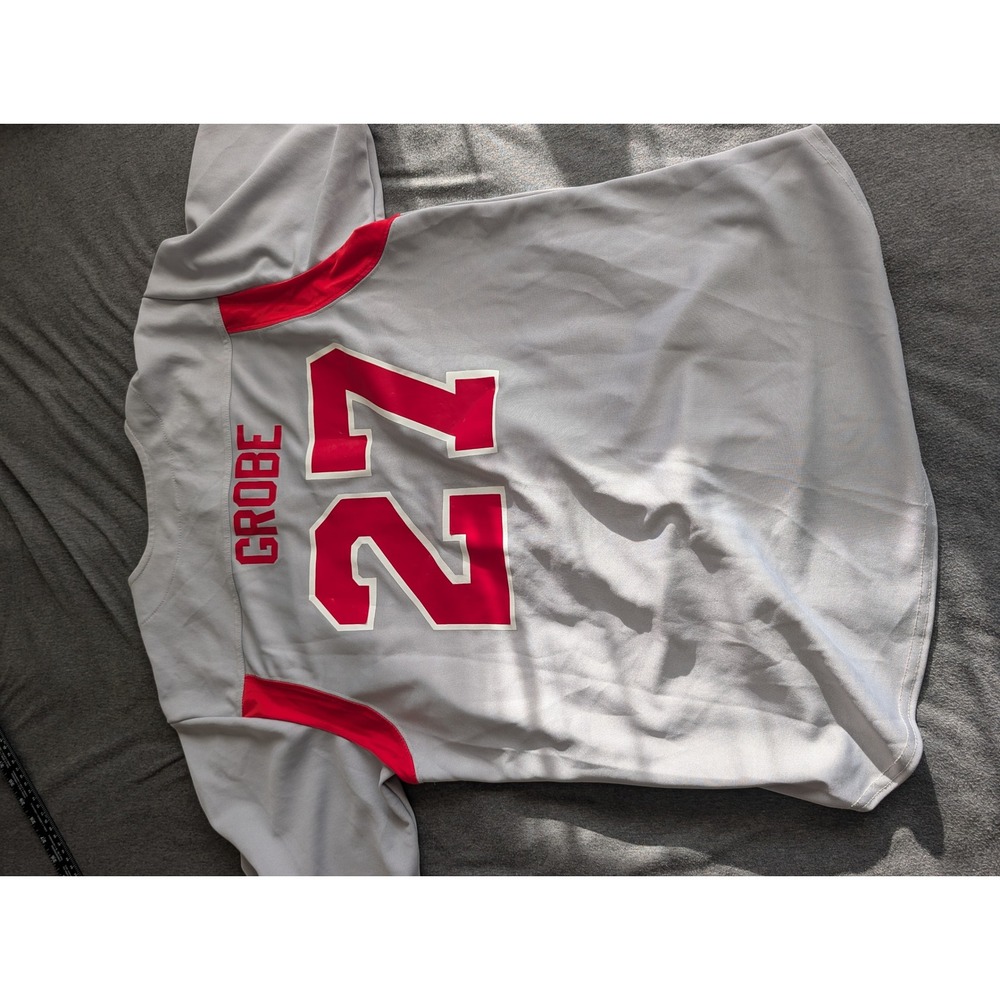 A4 Cincinnati Reds Baseball Jersey Grey Red Grobe 27‎ Mens Medium Button Up - Picture 5 of 5